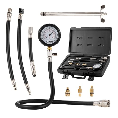 VEVOR Kit adaptador de probador de compresión, 9 piezas de prueba de compresión de fugas de cilindro de motor automotriz, medidor de presión preciso de doble escala 0-300 psi, con mangueras de largo