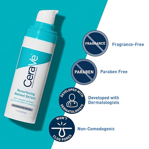 CeraVe - Sérum de retinol para marcas posteriores al acné y textura de la piel | Sérum facial refinador, rejuvenecedor e iluminador de poros con retinol | 1 onza