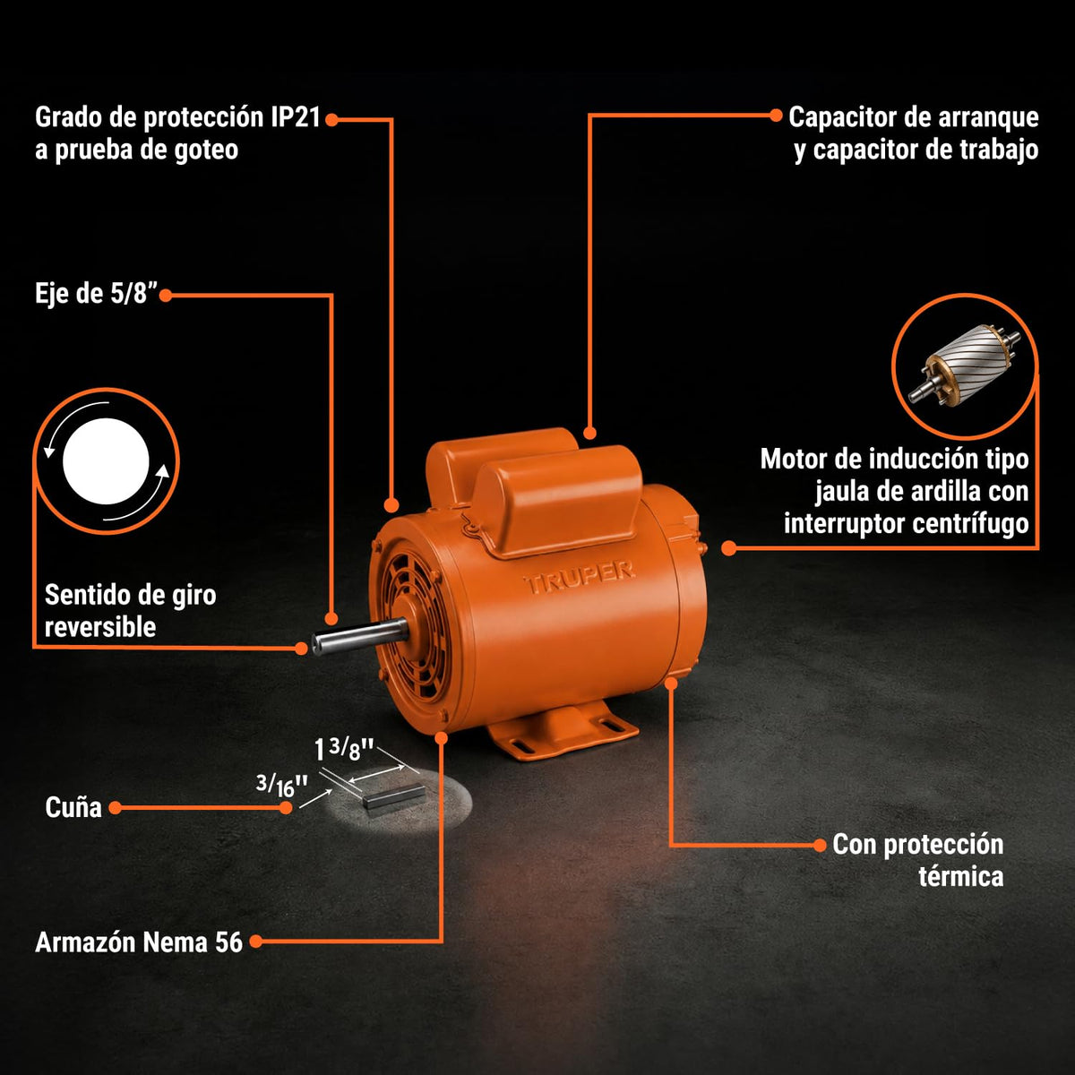 Truper MOE-1B, Motor eléctrico monofásico de 1 HP, baja velocidad, servicio continuo y reversible
