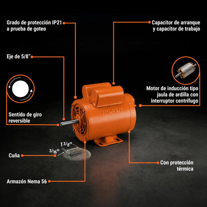 Truper MOE-1B, Motor eléctrico monofásico de 1 HP, baja velocidad, servicio continuo y reversible