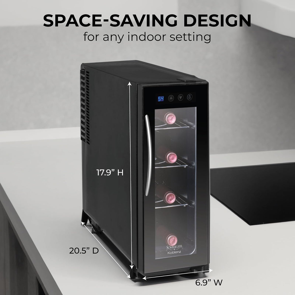 Koblenz Cava Enfriadora de Vinos de 4 Botellas de 750 ml, Temperatura de Una Zona, Cava de Vinos Termoeléctrica con Pantalla Digital y Controles Táctiles de Temperatura, Negro (EVFK-04)