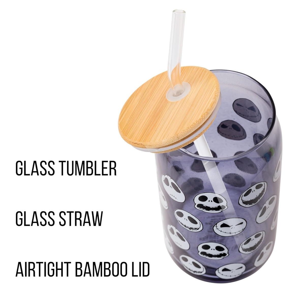 Silver Buffalo Disney Tim Burton Nightmare Before Christmas Jack Skellington Expressions - Vaso de vidrio gris con tapa de bambú y popote de vidrio, 16 onzas