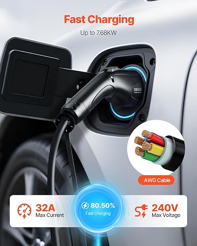 VEVOR Cable alargador para Cargador de vehículos eléctricos, Cable alargador J1772 de 32 amperios y 6,4 Metros, Compatible con Cargadores de vehículos eléctricos SAE J1772 de 120 V-240 V