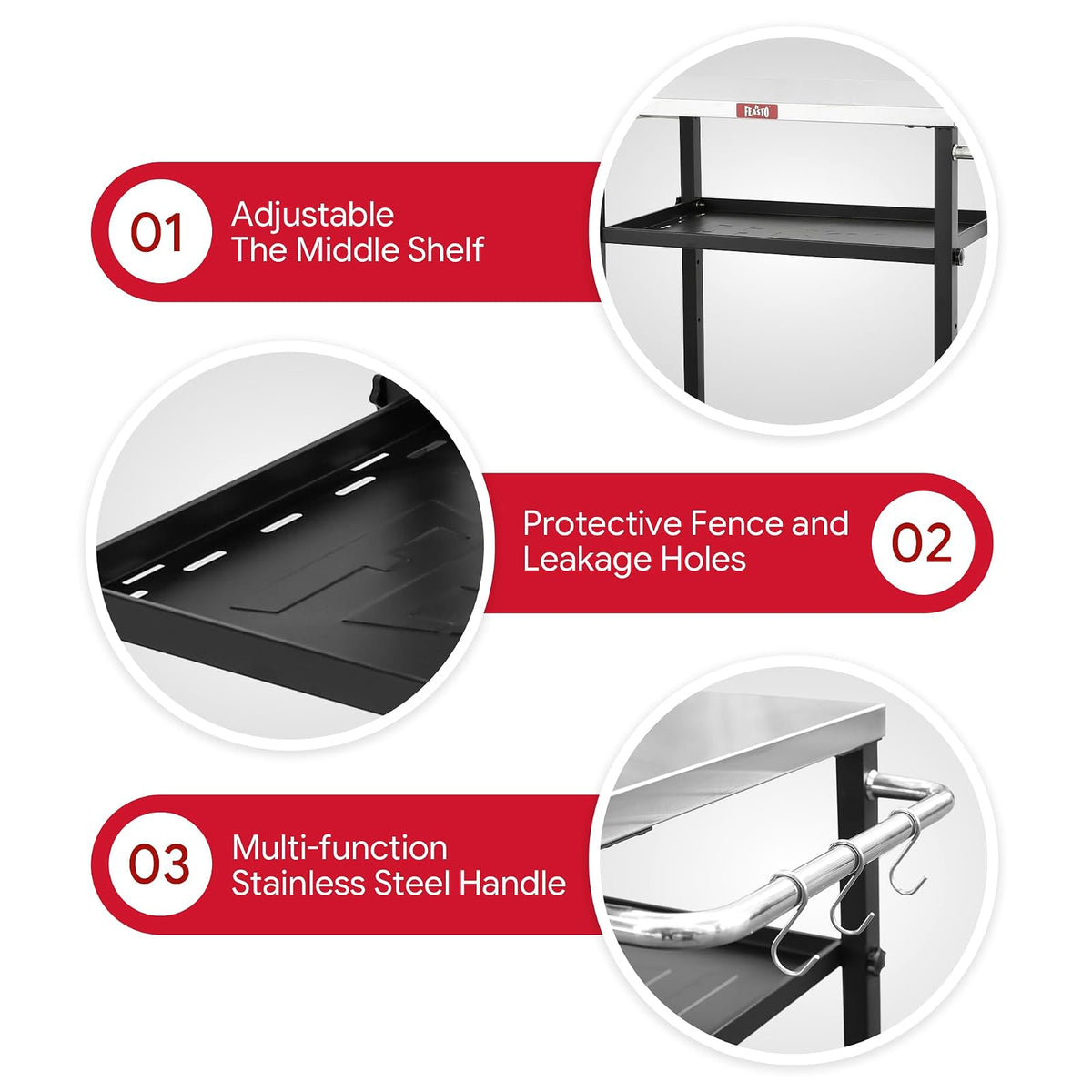 Feasto - Mesa de parrilla de 3 estantes, soporte para horno de pizza con estante ajustable, carro de parrilla móvil, para exterior, carrito de bar al aire última intervensión con ruedas, mesa de acero