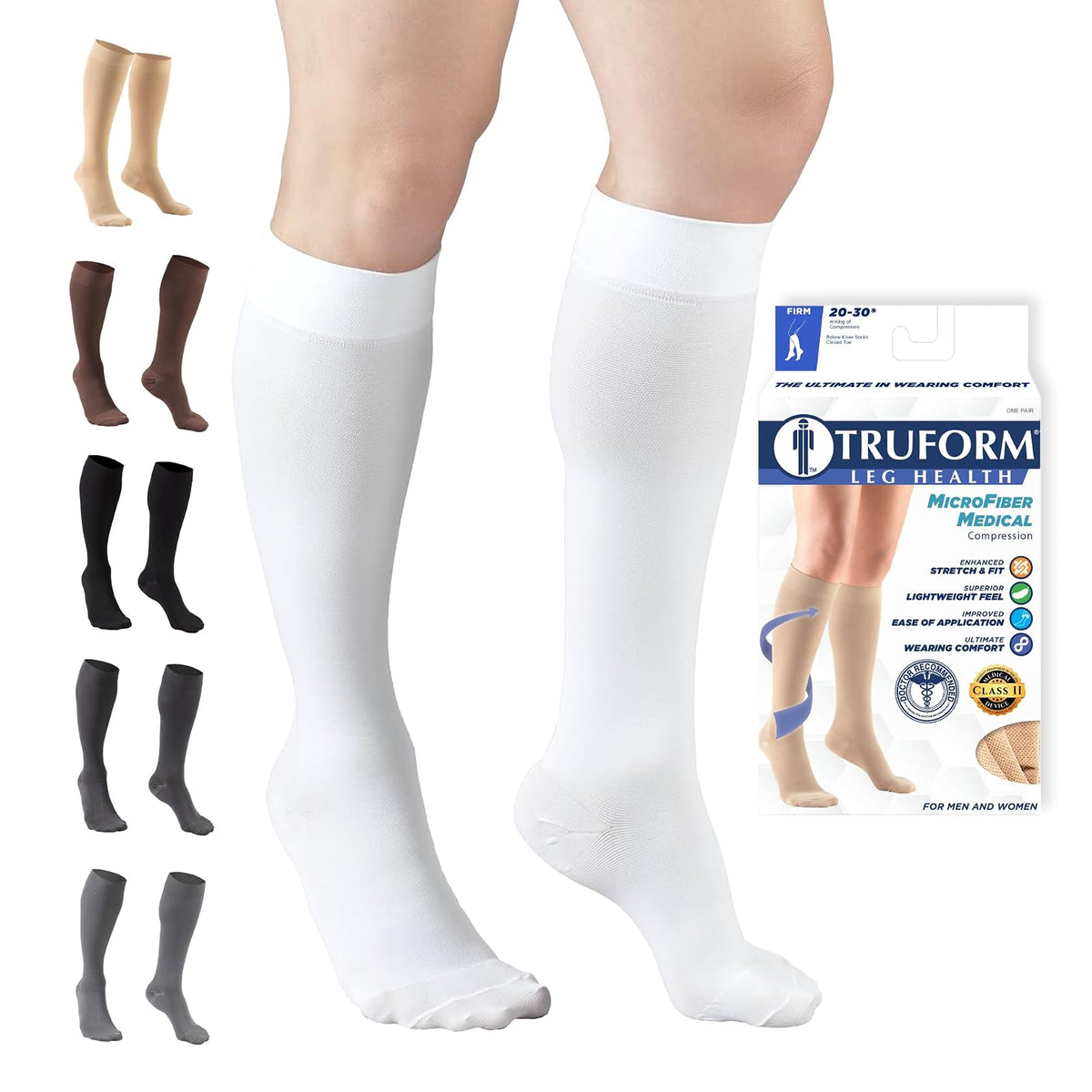 Truform 20-30 Mmhg Compression Stockings For Men And Women, Knee High Length, Closed Toe White, Pack of 1