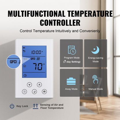 VEVOR - Alfombrilla para calefacción de piso, 20 metros cuadrados Sistema eléctrico radiante en el piso con termostato digital de detección de piso, incluye monitor de instalación, parte trasera adhesiva para una fácil instalación en el piso