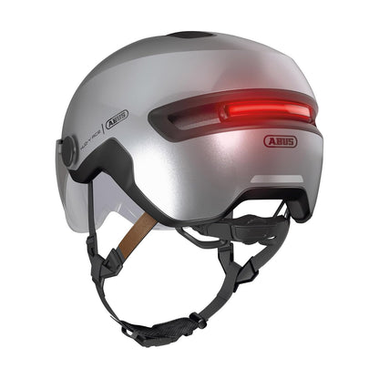 ABUS Casco Urbano HUD-Y Ace - Elegante Casco de Bicicleta con Visera y luz LED Trasera magnética y Recargable - para Hombre y Mujer - Plata, Talla M