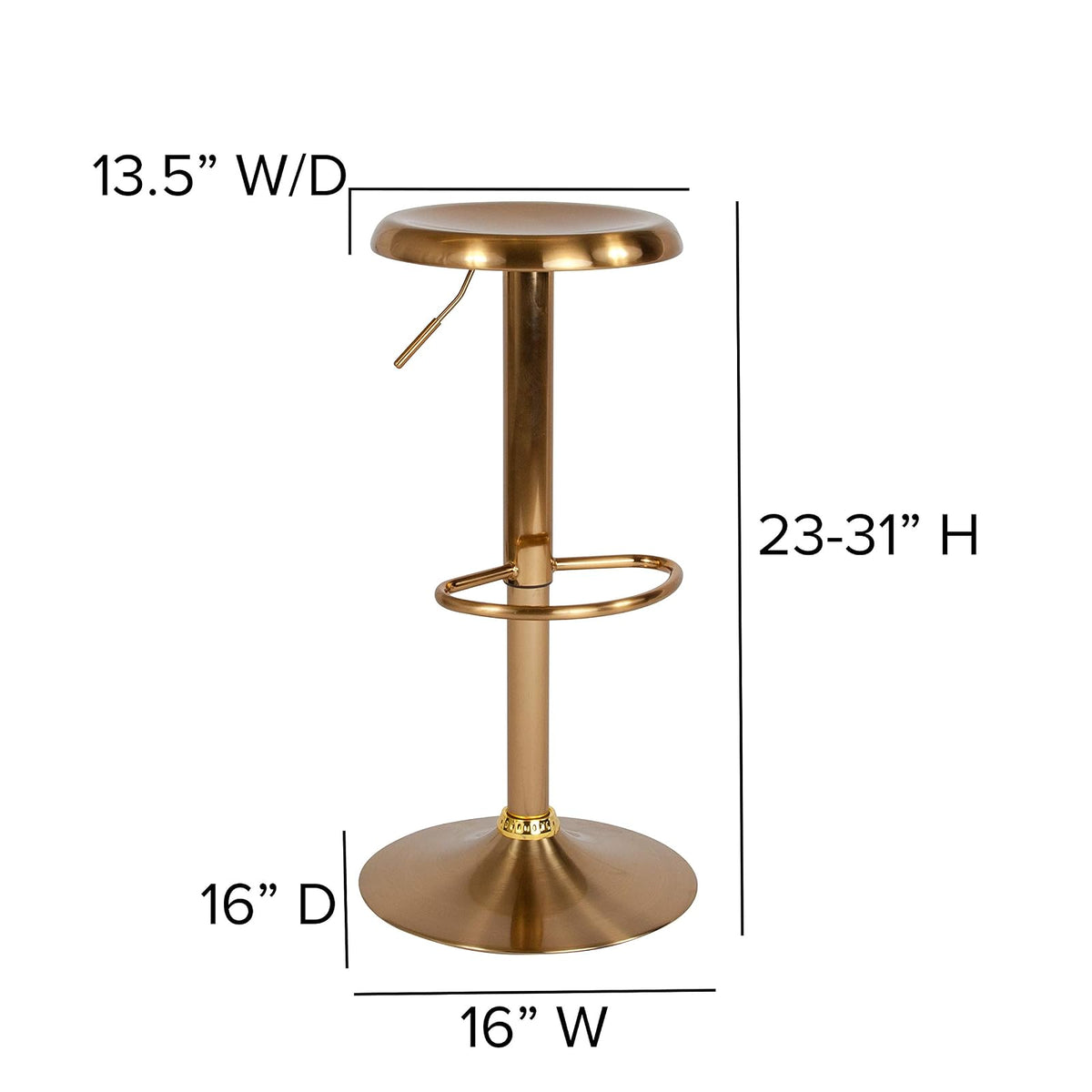 Flash Furniture Madrid Series Taburete de Metal Retro de Altura Ajustable con reposapiés, Barra Ajustable sin Respaldo o Taburete Giratorio de Altura de mostrador, Dorado