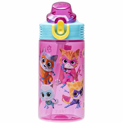 Zak Designs Disney SuperKitties - Botella de agua para niños de salvia para la escuela o los viajes, botella de agua de plástico duradera de 16 onzas con popote, mango y a prueba de fugas, cubierta de