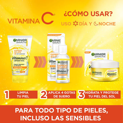 Kit Garnier Express Aclara Rutina anti manchas con Vitamina C: Sérum facial, crema hidratante y gel limpiador, 3 piezas. Hidrata, ilumina y unifica el tono de la piel