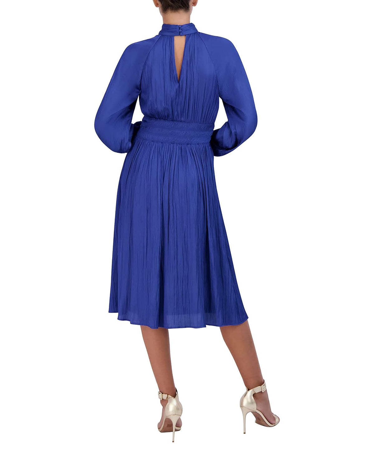BCBGMAXAZRIA Vestido Midi Ajustado y Acampanado, Manga raglán Larga, Cuello Alto Falso, Nudo Torcido, Espalda Fruncida Vestido para Mujer