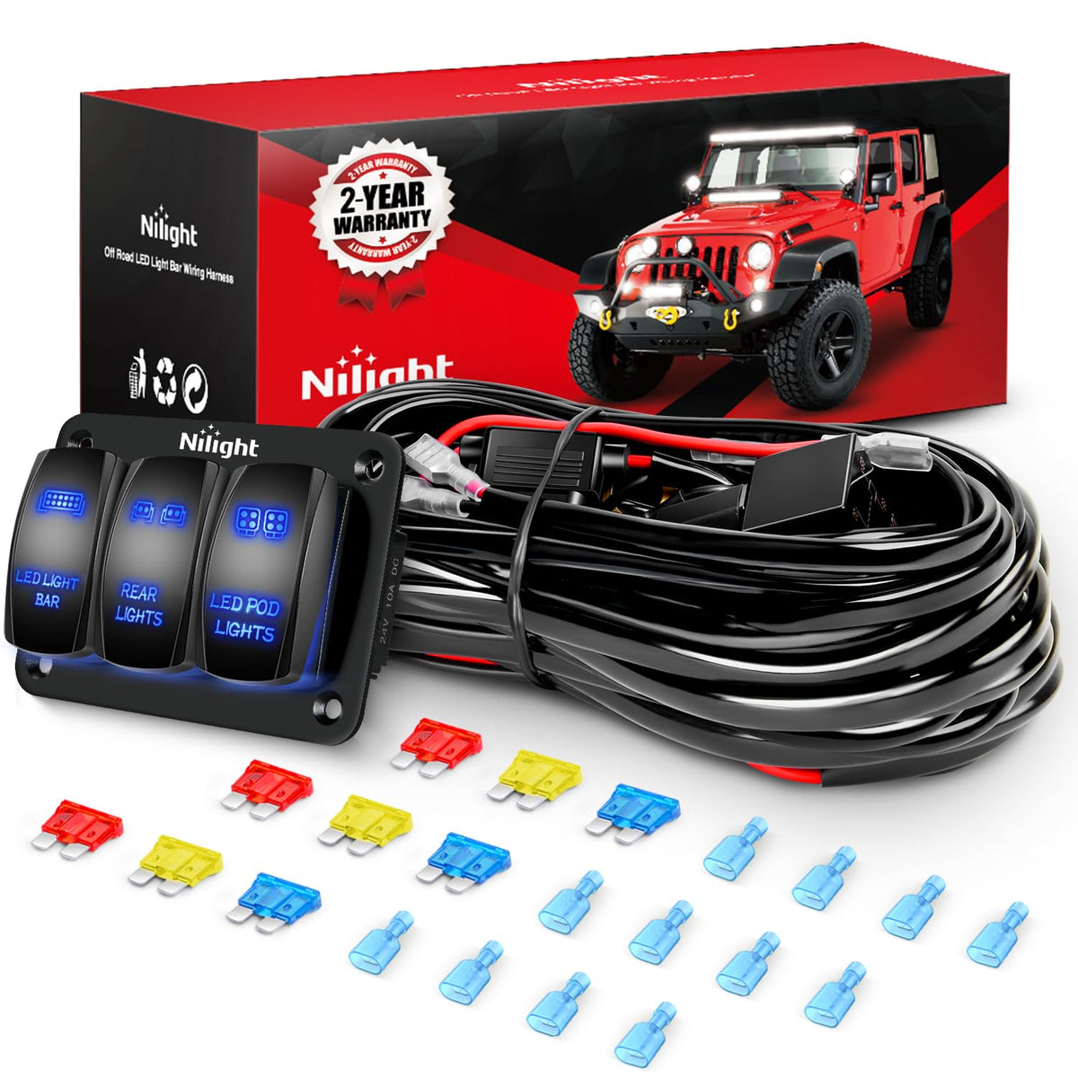 Nilight - Kit de arnés de cableado de barra de luz LED de 16 AWG, 12 V de encendido/apagado, 2 bandas grabadas con láser, panel de interruptor , fusible de relé de alimentación, interruptor