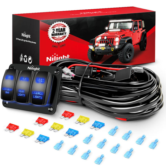 Nilight - Kit de arnés de cableado de barra de luz LED de 16 AWG, 12 V de encendido/apagado, 2 bandas grabadas con láser, panel de interruptor , fusible de relé de alimentación, interruptor