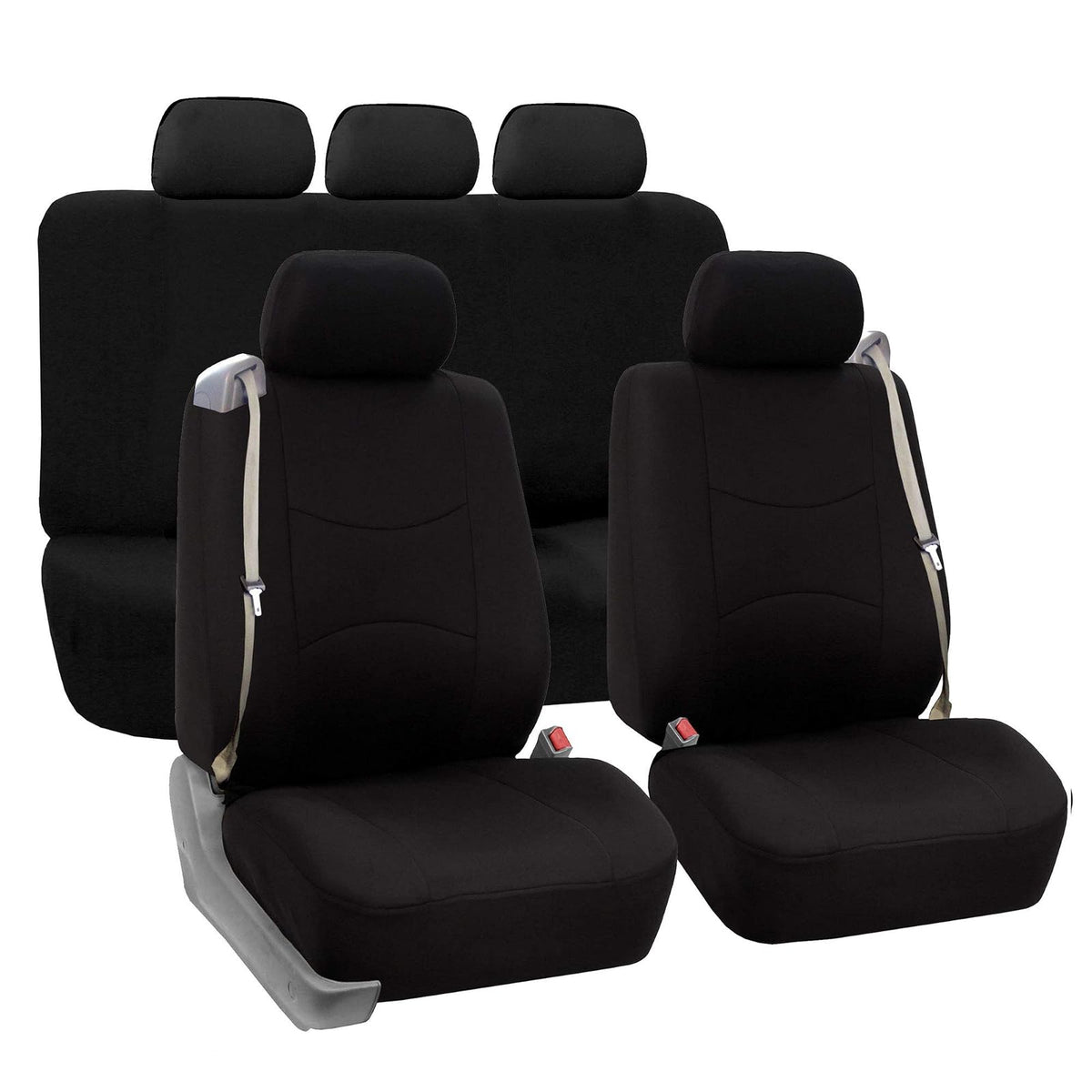 FH GROUP FH-FB351102 Pair Set All Purpose Flat Cloth Built-In Seat Belt Bucket Seat Covers Beige/Black- Fit Most Car, Truck, SUV, or Van - Black (Full Set)