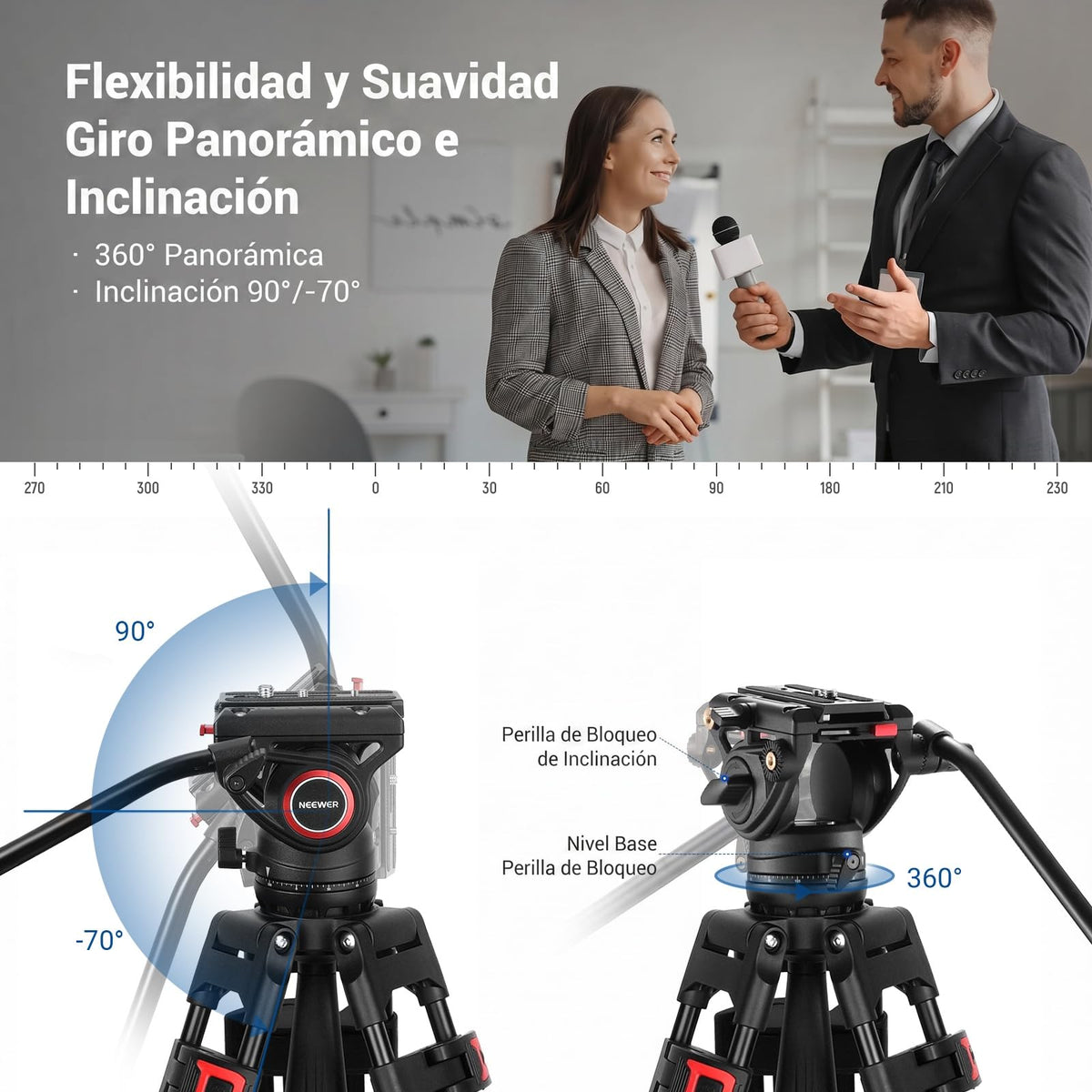 NEEWER Trípode de Vídeo Profesional de 74 "con Cabeza Fluida, Placa QR Compatible con dji RS Gimbals, Trípode de Cámara Resistente con Mango Telescópico Base Rscalada, Carga Máxima 8kg, TP74