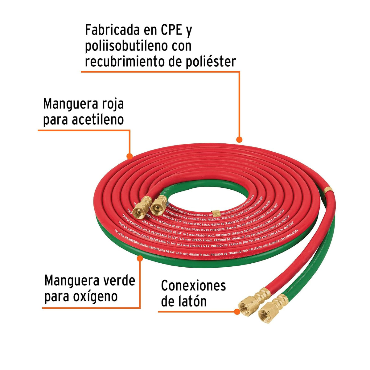 Truper M-CORSOL-T, Manguera cuata reforzada de 6 m para oxiacetileno
