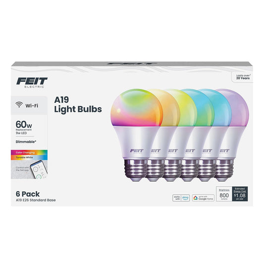Feit Electric - foco LED inteligente A19, equivalente a 60 W, regulable, cambio de color RGBW, compatible con Alexa y Google Home, habilitado para Wi-Fi de 2.4 GHz, 800 lúmenes, vida útil de 25.000
