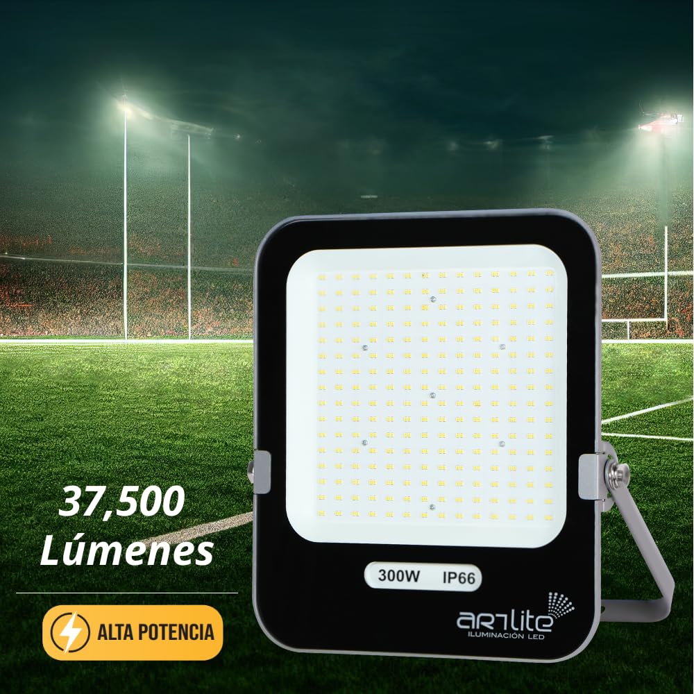 Reflector LED SMD Cuadrado Slim ARTLITE ARE-025 Blanco Frío 300W 37,500 Lúmenes Alta Potencia Eficiencia 125Lm/W IP66, Resistente al Lluvia, Polvo y luz Solar