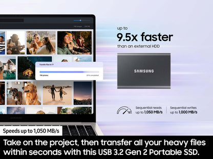 Samsung - SSD portátil T7 de 1 TB – hasta 1050 MB/s – Unidad Externa de Estado sólido USB 3.2, Gris (MU-PC1T0T/AM)