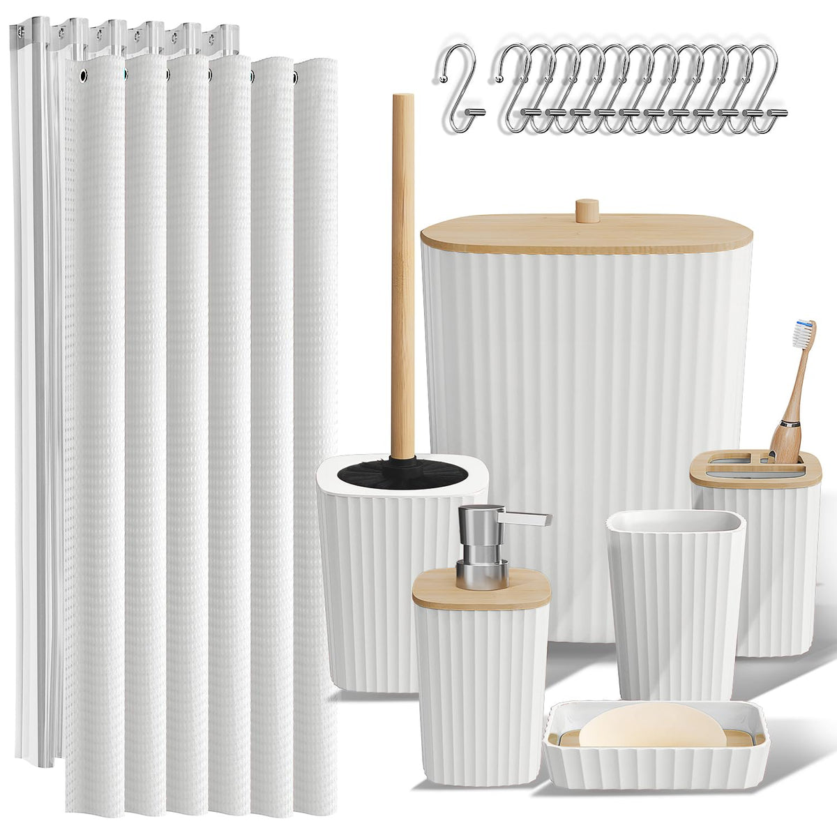 Clara Clark - Juego de Accesorios de baño, Juego de 20 Piezas de Accesorios de baño, Juego de Cortina de Ducha, Cepillo para Polvo de Inodoro, Bote de Basura y dispensador de jabón - Juego completo - Blanco