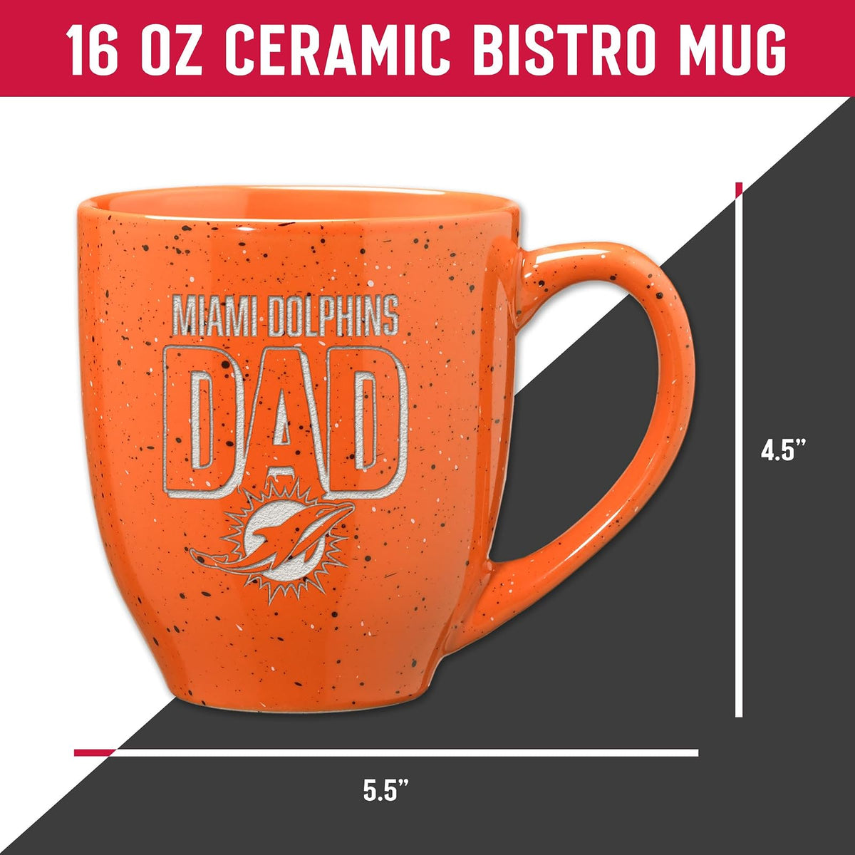 Rico Industries NFL - Taza de café de cerámica moteada grabada con láser, Color del Equipo de fútbol Americano de Miami Dolphins Dad de 16 onzas