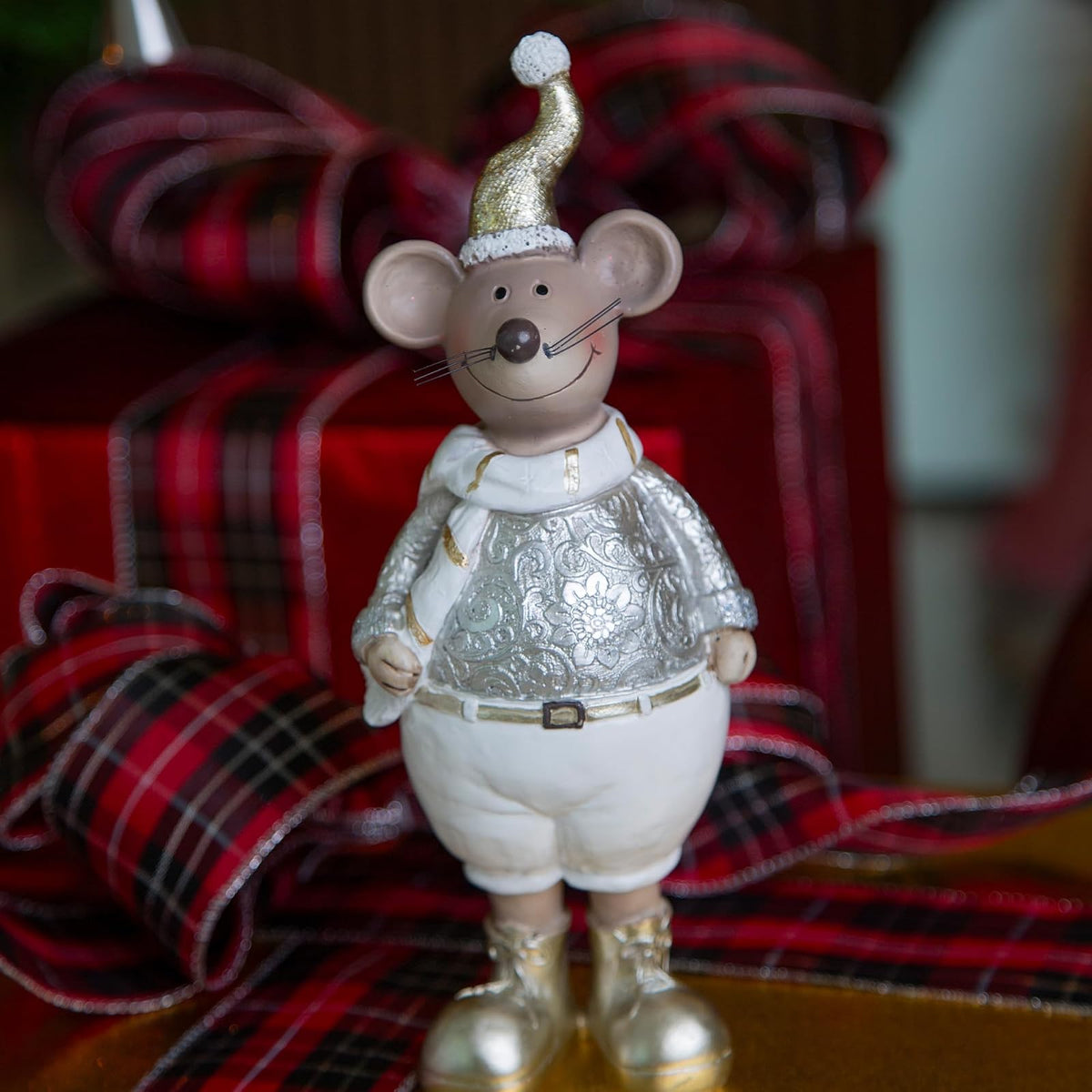 Running Adornos Navideños | Figura de Ratón con Gorro Dorado | Decoración de Navidad | Hecho de Poliresina | Tamaño 23 cm