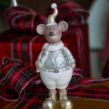 Running Adornos Navideños | Figura de Ratón con Gorro Dorado | Decoración de Navidad | Hecho de Poliresina | Tamaño 23 cm