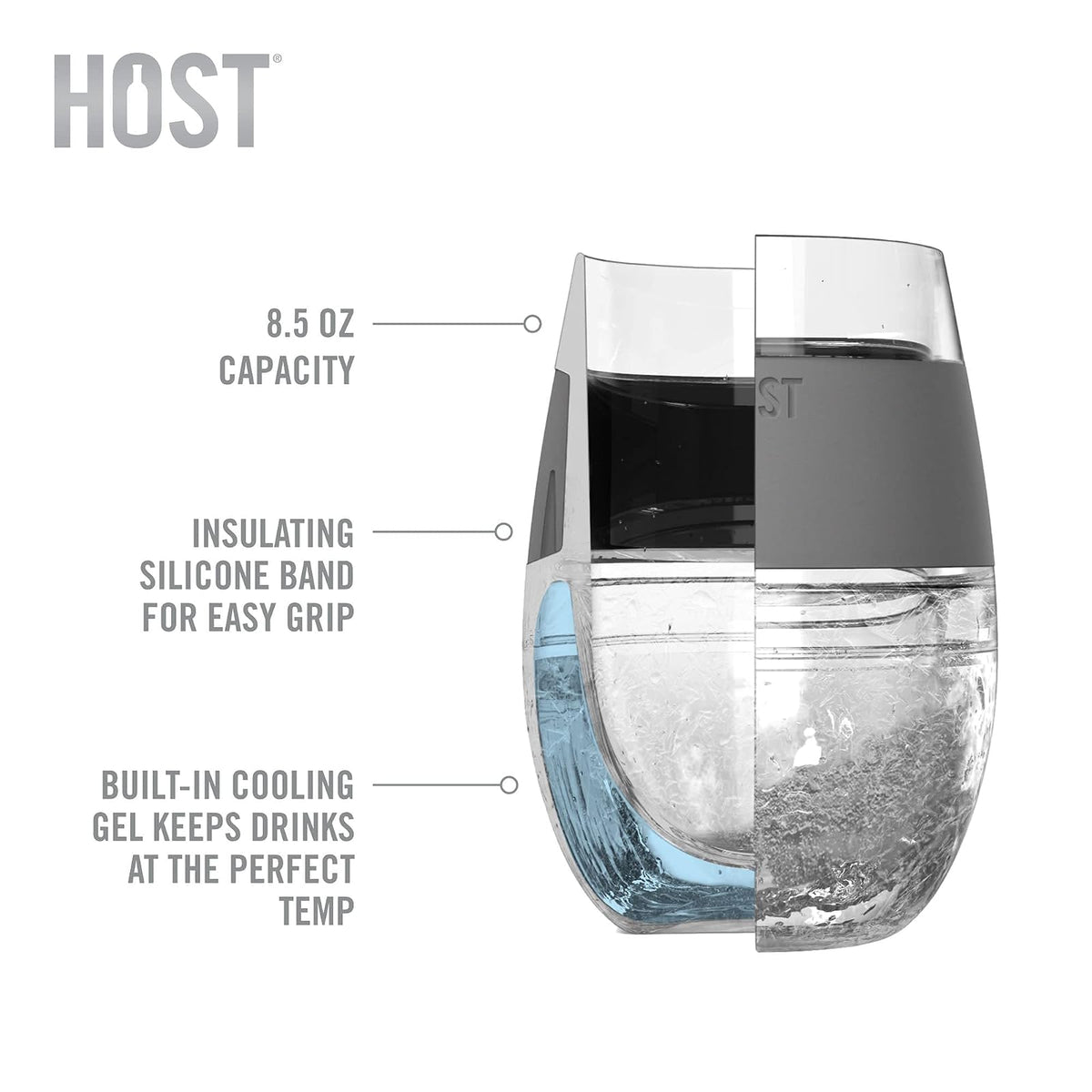 HOST - Juego de 4 vasos de refrigeración de plástico con aislamiento de doble pared congelable con gel congelador, copas de vino para vino tinto y blanco, 8.5 onzas, varios colores translúcidos