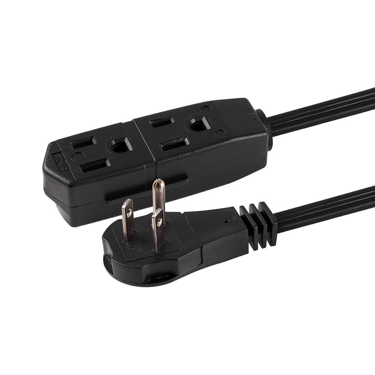 GE 56987 - Cable de extensión plano de 3 tomacorrientes con múltiples tomas, extensor de enchufe de 3 puntas, calibre 16 UL Listed Black