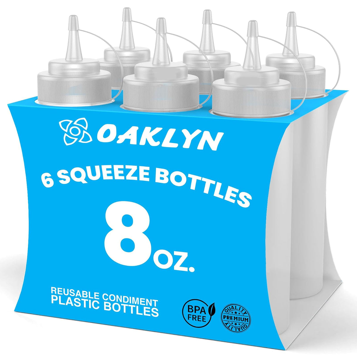 Oaklyn - Botellas exprimidoras de 8 onzas, paquete de 6 – Botellas reutilizables de condimentos para salsas, líquidos, sin BPA, diseño a prueba de fugas, botellas de plástico fáciles de limpiar con