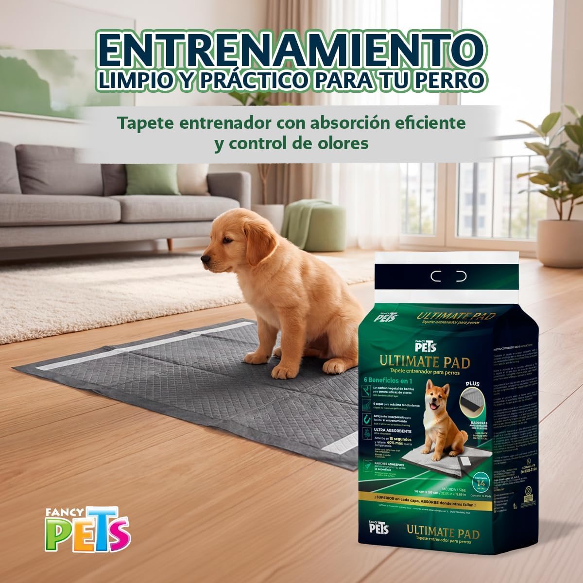 Fancy Pets Tapete Entrenador para Perros Ultimate Pad con Carbón Activado de Bambú Absorción Rápida Bordes Antiderrames Atrayente Integrado y Parches Adhesivos 56 x 50 cm - 30 PZ