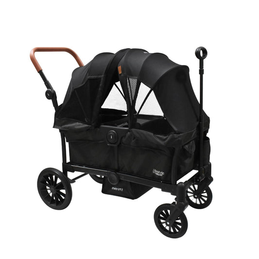 INFANTI | Vagón EVERETT Doble | Soporta 50 kg | Asientos Seguros Toldos Desmontables | Mango Ajustable | Ruedas con Amortiguación | Frenos Integrados | Plegado Compacto | Color Negro