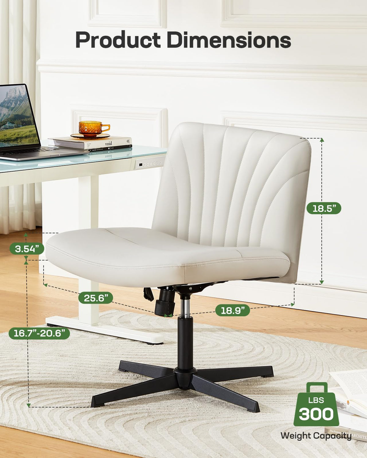 Marsail - Silla de Oficina con Patas Cruzadas: Silla de computadora de Piel sintética, Amplia sin Brazos, Silla giratoria de Altura Ajustable para Maquillaje, Espacio pequeño, habitación de Cama