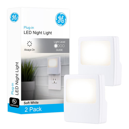 GE - Luz Nocturna LED Blanca Siempre encendida, se Conecta a la Pared, Compacto, Brillo Suave, con certificación UL, Ideal para recámara, Cuarto de bebé, baño, Pasillo, 11311, Paquete de 2