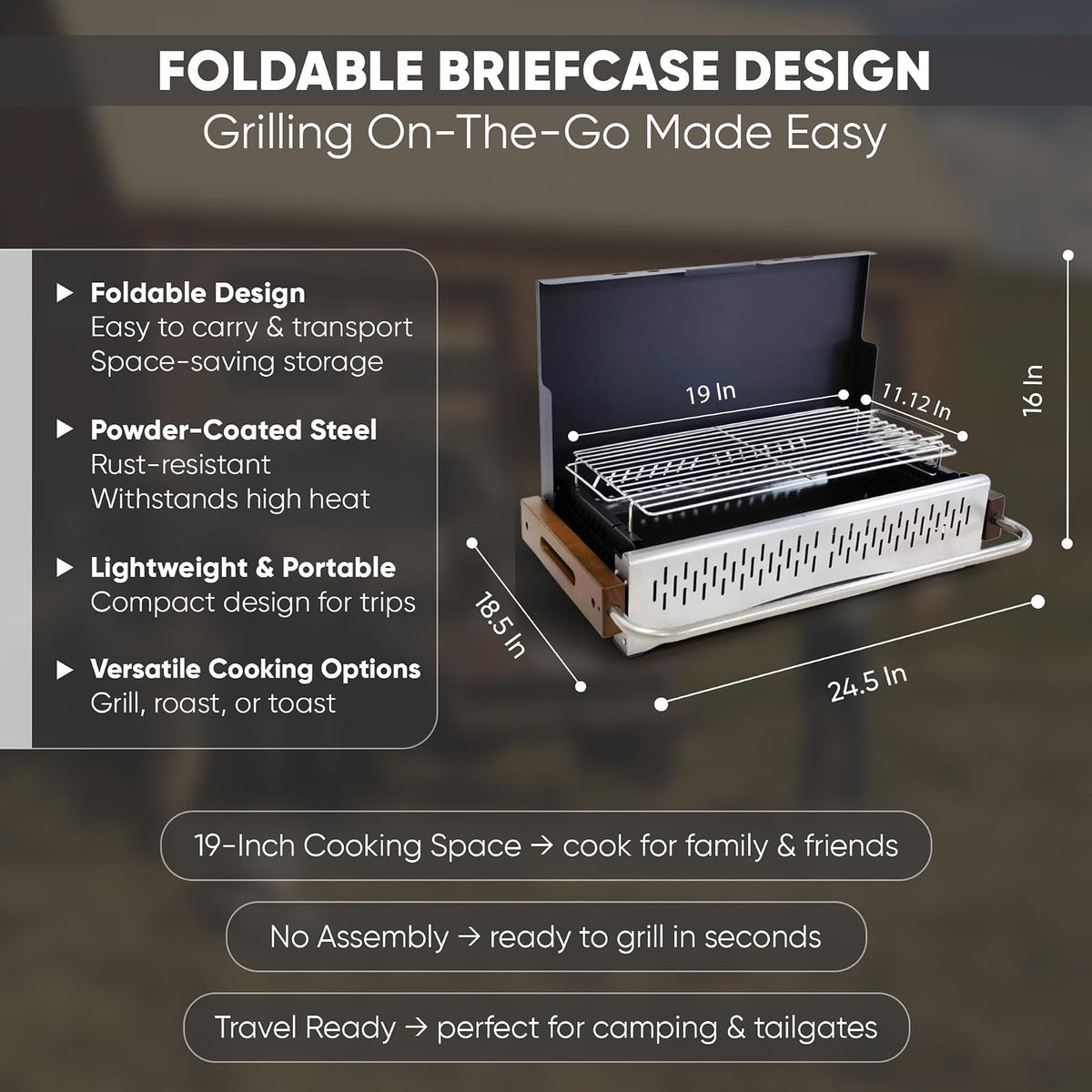 GasOne XL - Parrilla portátil de carbón – portafolios plegable de 24.5 x 18.5 pulgadas con tapa, ligero y compacto ahumador de carbón para camping, jardín, playa, patio trasero, sin montaje