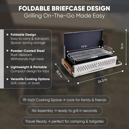 GasOne XL - Parrilla portátil de carbón – portafolios plegable de 24.5 x 18.5 pulgadas con tapa, ligero y compacto ahumador de carbón para camping, jardín, playa, patio trasero, sin montaje
