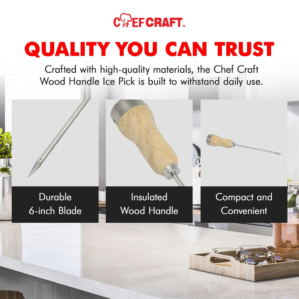 Chef Craft – Selecto mango de madera, herramienta para romper el hielo de acero chapado con mango de madera, hoja de 10 pulgadas de longitud, 6 pulgadas, ideal para romper hielo en el congelador