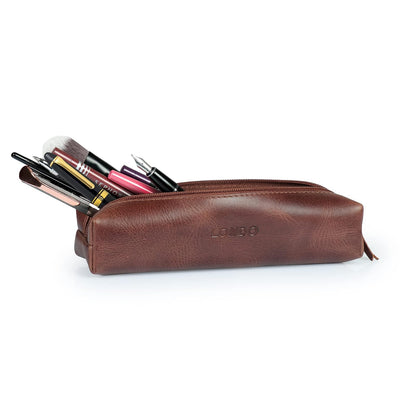 Otto Angelino Astuccio in Vera Pelle con cerniera, portapenne, borsa per cartoleria (Marrone)
