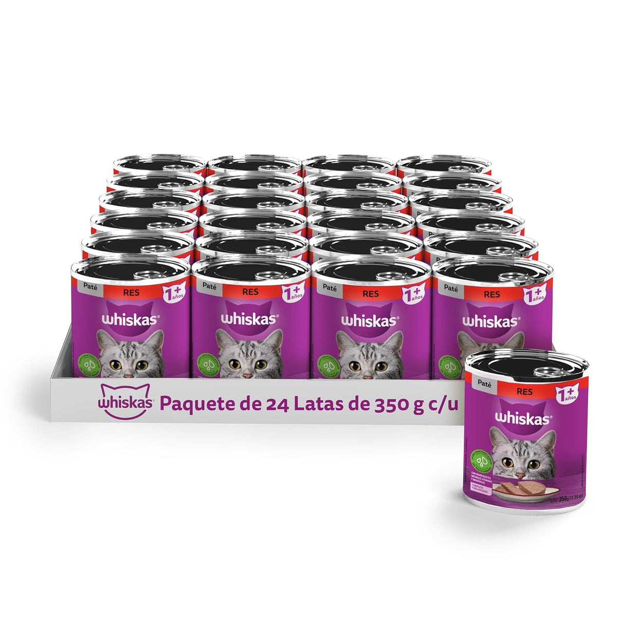 Whiskas Alimento para Gato Adulto en Lata, Sabor Res, Paquete de 24 Piezas, 350g c/u