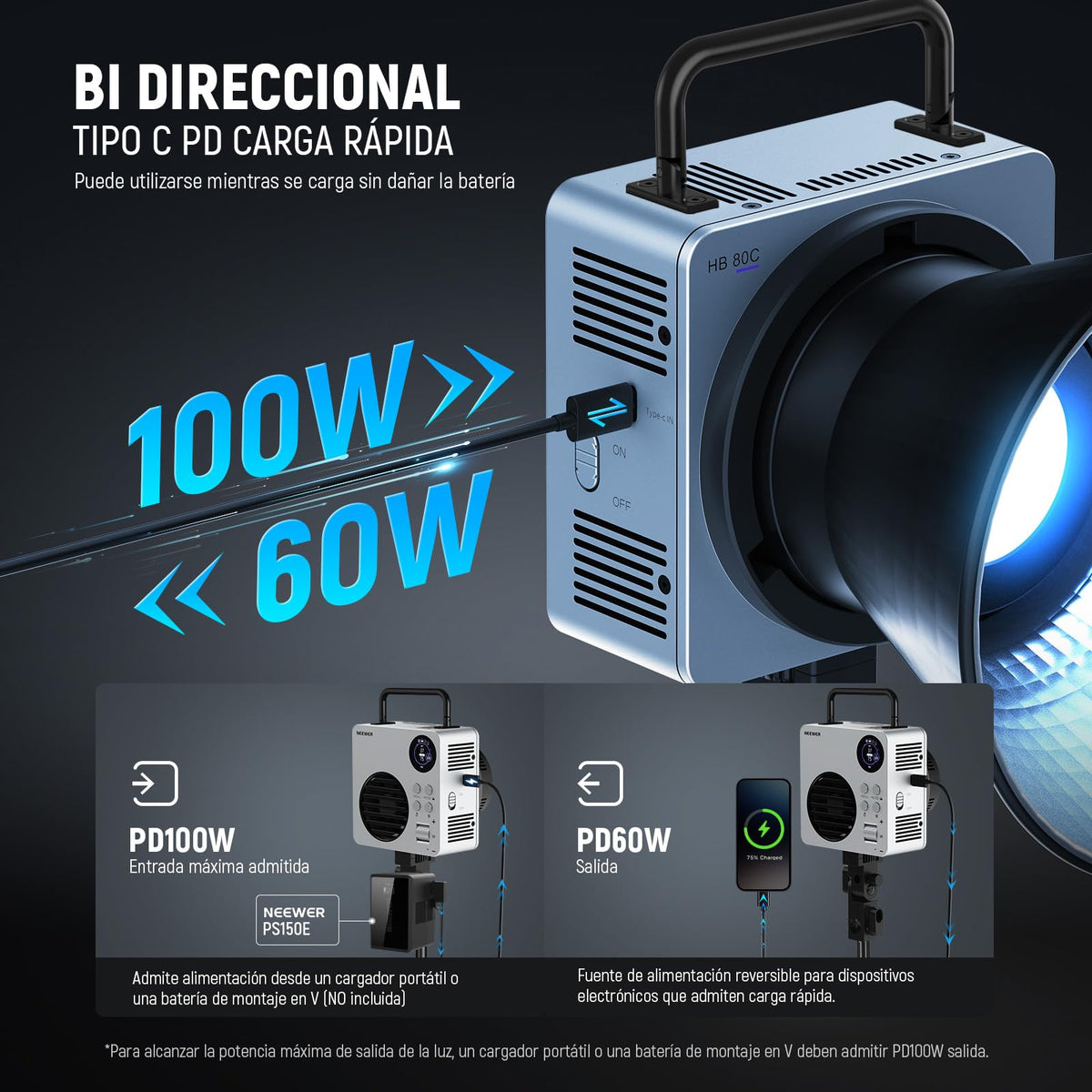 NEEWER HB80C RGBWW Luz Vídeo LED con Batería Incorporada 72Wh y PD 100W Carga Rápida 80W Mini RGB COB Iluminación Continua Foco Fotografía Portátil con Montaje Bowens 2500K-7500K 10400lux/m 18 Efectos