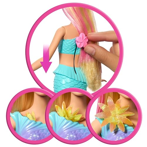 Barbie Fantasía Muñeca Sirena con Transformación de Flores y Cabello Rosa, Juguete para Niñas de 3 Años en Adelante