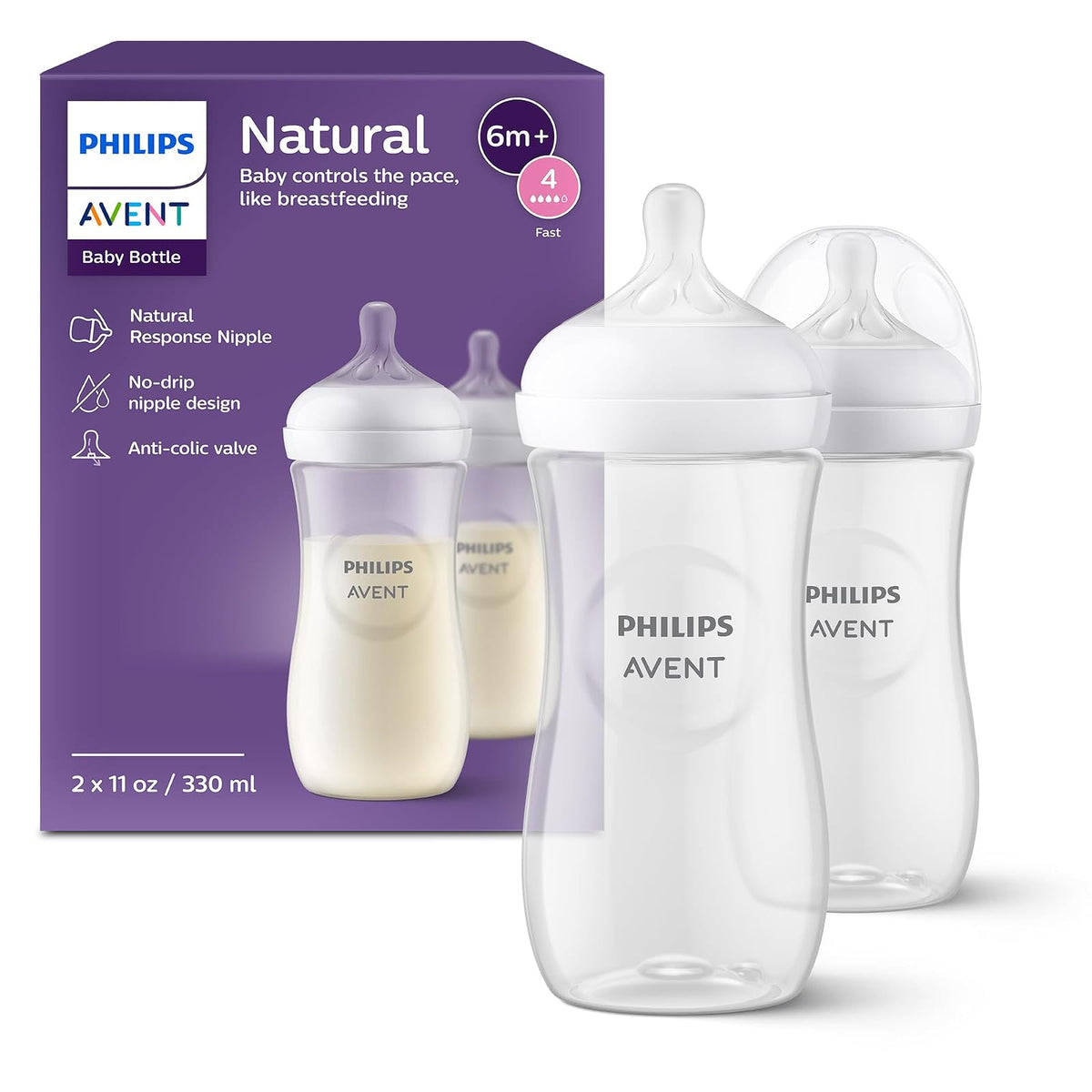 Philips Avent Biberón Natural Response, Flujo Lento, 4 Oz - Transparente - 2 Count (Pack of 1) - 11 onzas (paquete de 2) - 11 onzas