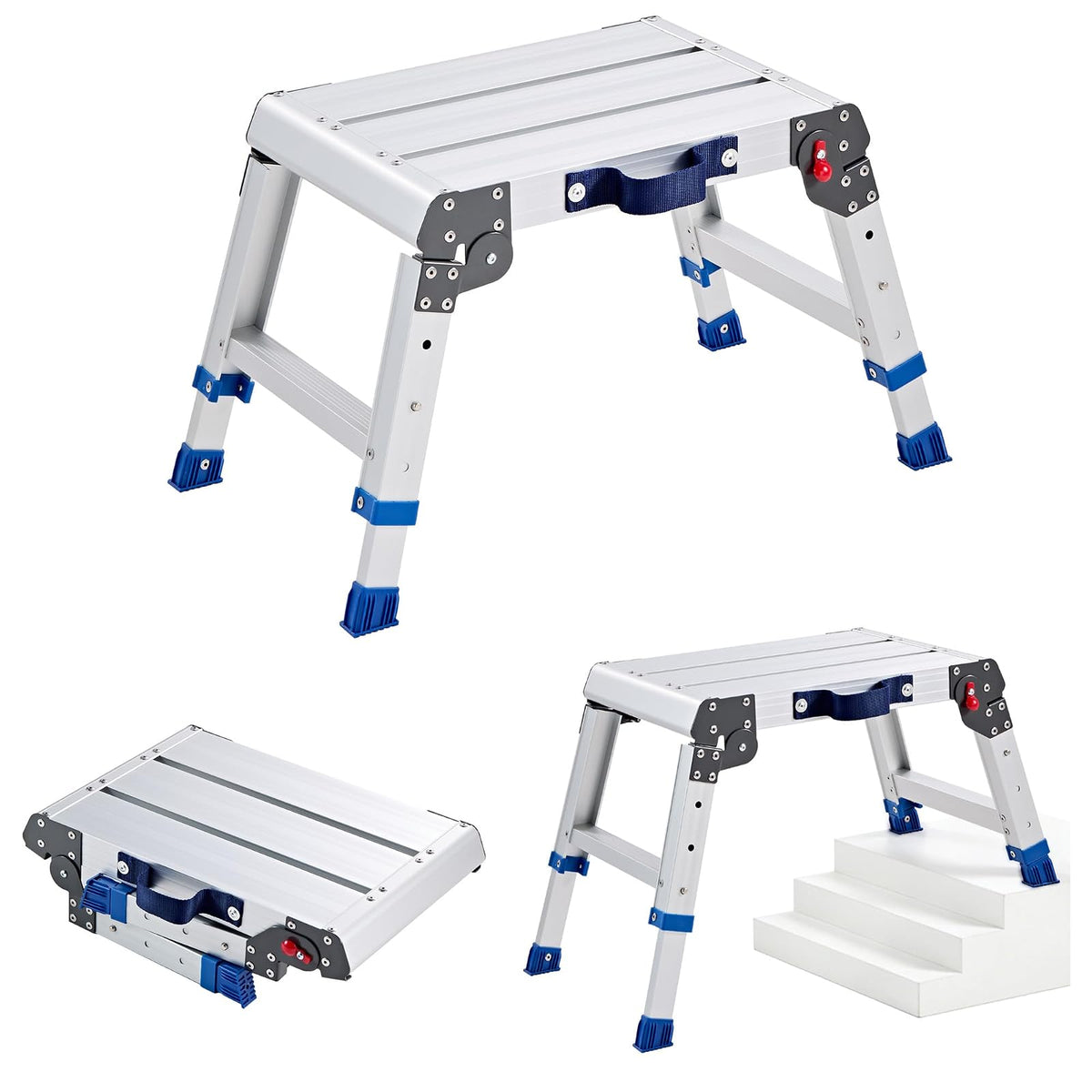 VEVOR Plataforma Plegable de Trabajo, Altura Ajustable de 305 ​​a 406 mm, Capacidad de 226,8 kg, Escalera-Taburete de Aluminio Portátil, Plegable, Antideslizante para Pintura, Mantenimiento y Hogar