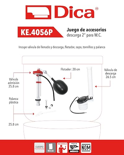 DICA, Juego Completo de Accesorios para W.C, Material Plastico, Hule, Sapo Cónico, 1 Año de Garantia en Defectos de Manufactura, KE.4056P
