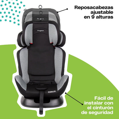 Cosco Autoasiento Progress con arnés de 5 puntos, protectores de hombro y entrepierna. Protección contra impacto lateral. Para orientación en contra y a favor de la marcha, ajustable en 9 posiciones y 2 de reclinación