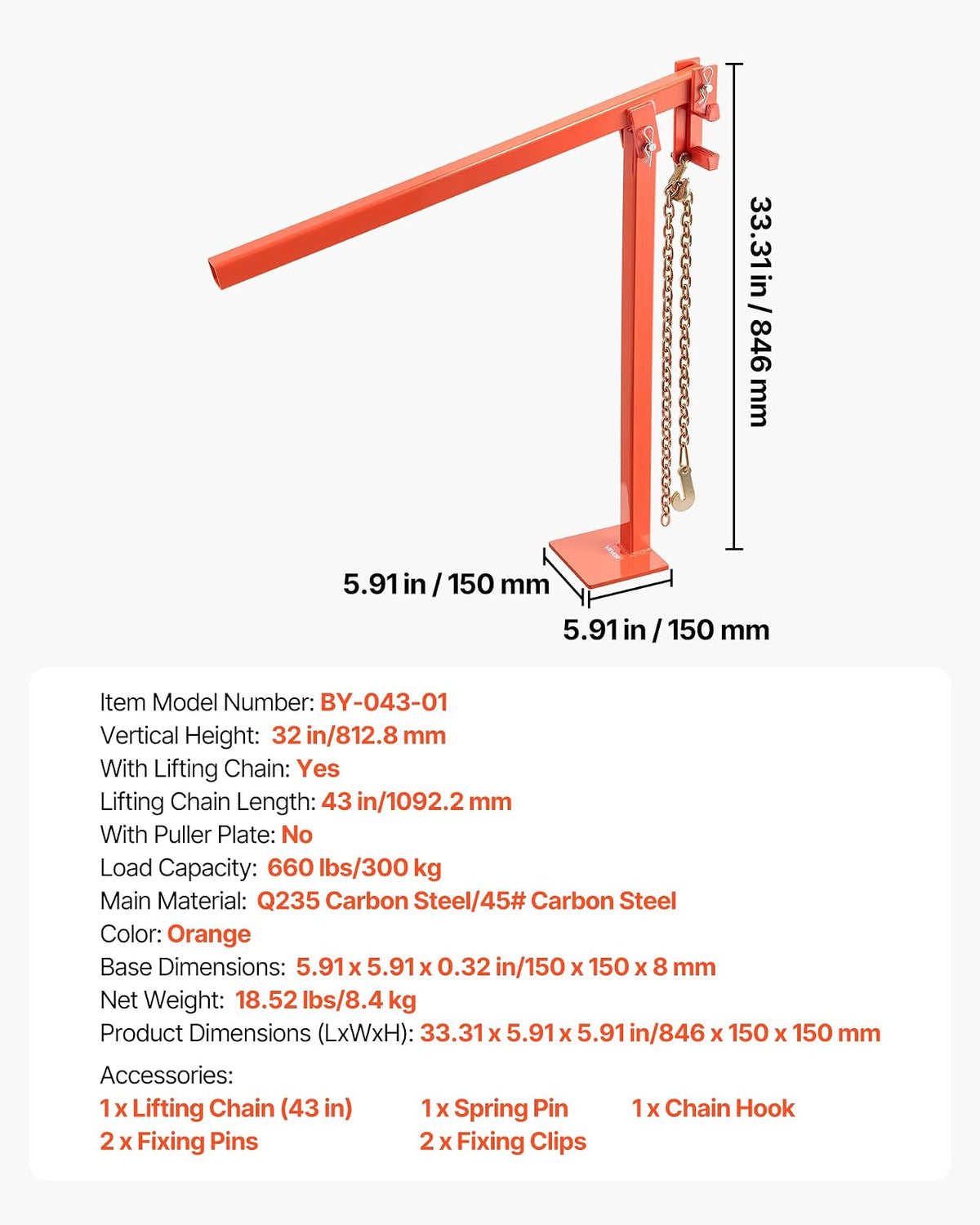 VEVOR Extractor de Postes en T de 812,8 mm, con Cadena de Elevación de 1092,2 mm, Acero Inoxidable, para Extraer Postes en T de Cercas Redondas, y Tocones de Árboles, Carga de 300 kg, Naranja