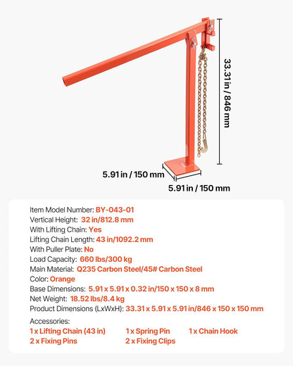 VEVOR Extractor de Postes en T de 812,8 mm, con Cadena de Elevación de 1092,2 mm, Acero Inoxidable, para Extraer Postes en T de Cercas Redondas, y Tocones de Árboles, Carga de 300 kg, Naranja