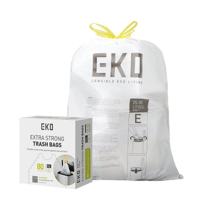 EKO Bolsas de Basura Tamaño E. 25-35 Litros. 80unidades. Caja dosificación fácil. Compatible con bote de basura EKO, uso en cocina, doméstico, extrafuertes, con cordón