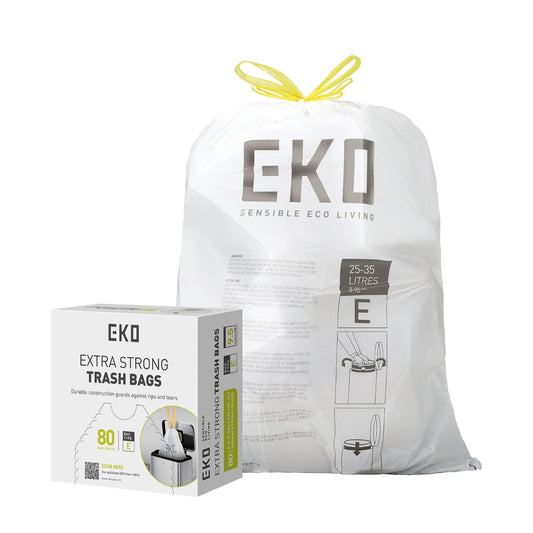 EKO Bolsas de Basura Tamaño E. 25-35 Litros. 80unidades. Caja dosificación fácil. Compatible con bote de basura EKO, uso en cocina, doméstico, extrafuertes, con cordón