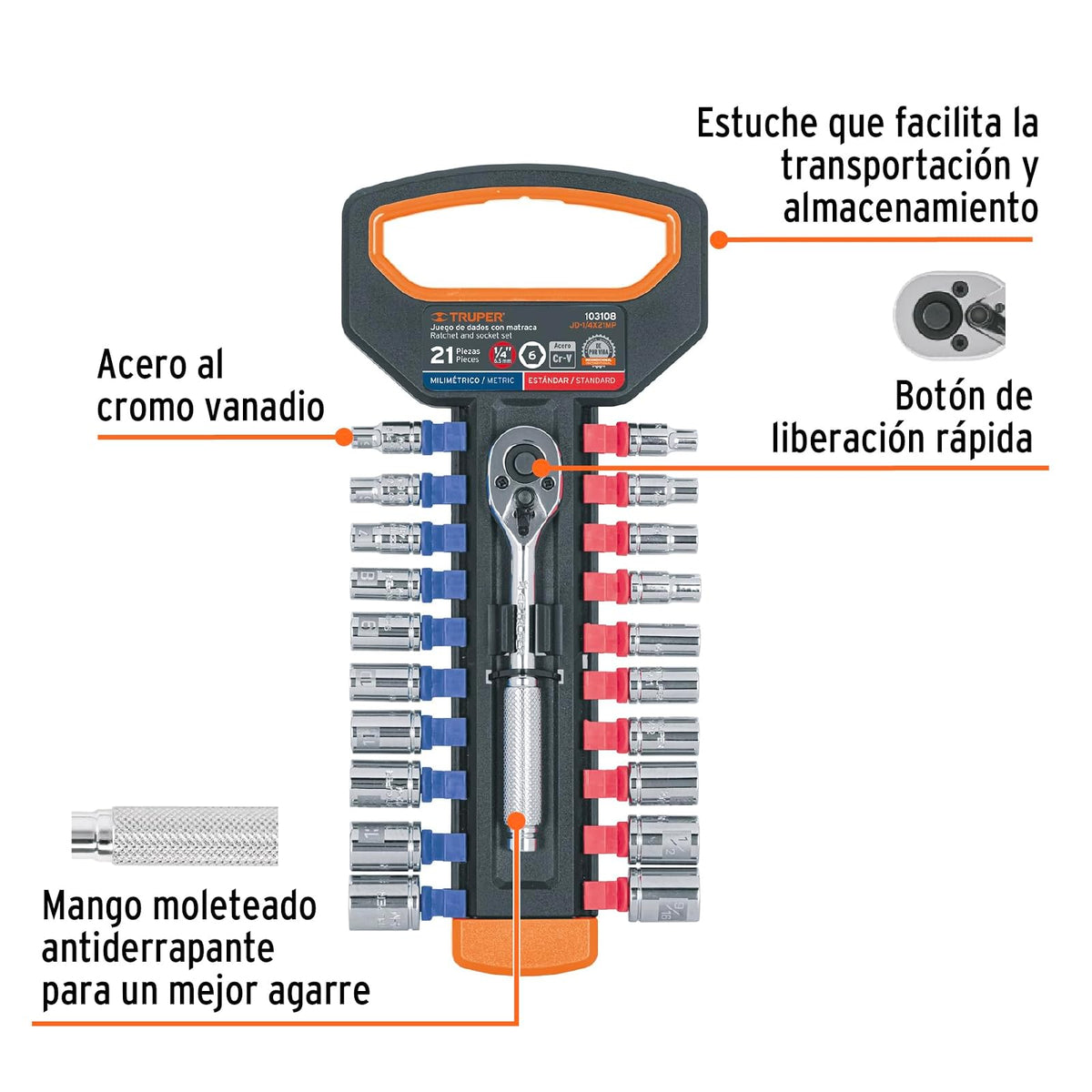 Truper JD-1/4X21MP, Juego de dados milimétricos y estandar con matraca cuadro 1/4"